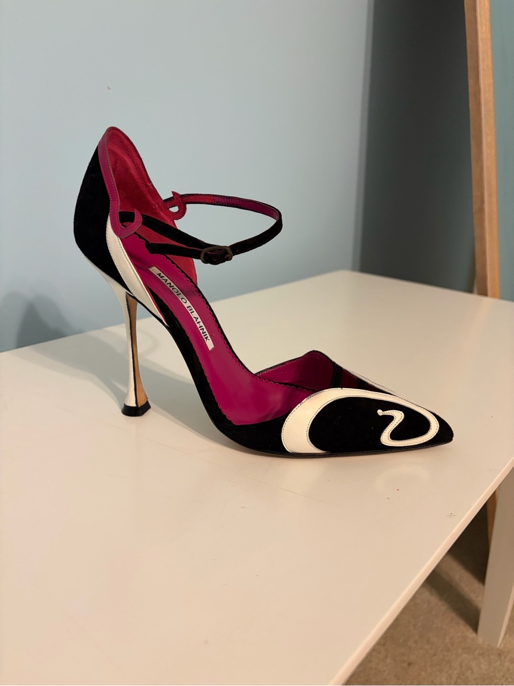 Manolo Blahnik Black, White & Fuchsia Pointed Toe Snake Accent Pump